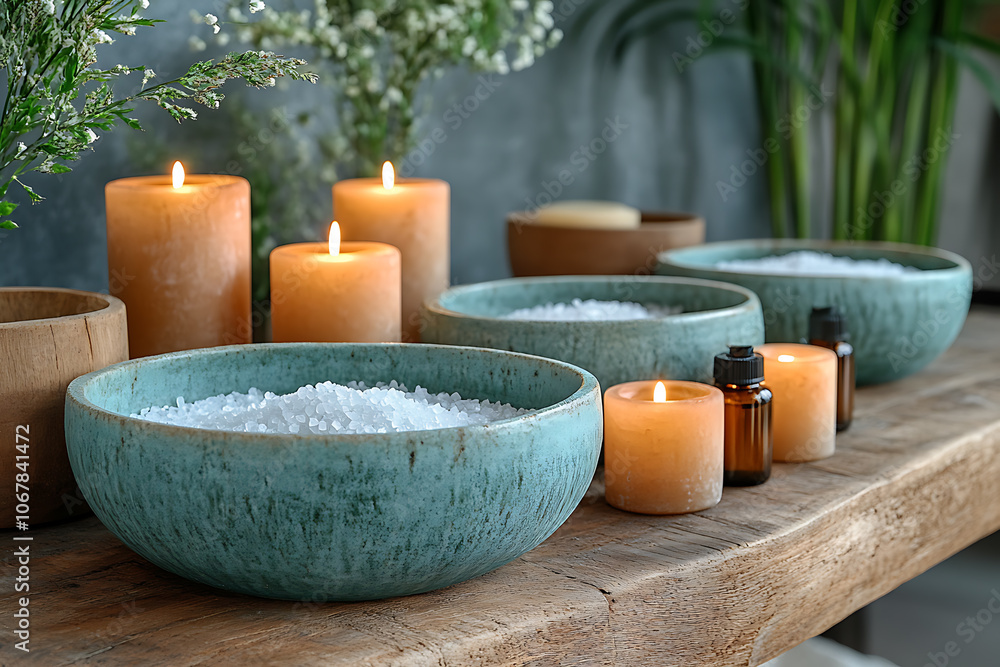 Elegant bathroom set with sea salt and essential oils, arranged with candles and towels, creating a soothing spa-like atmosphere with natural wellness products.
Elegant bathroom set with sea salt and essential oils, arranged with candles and towels, creating a soothing spa-like atmosphere with natural wellness products.
