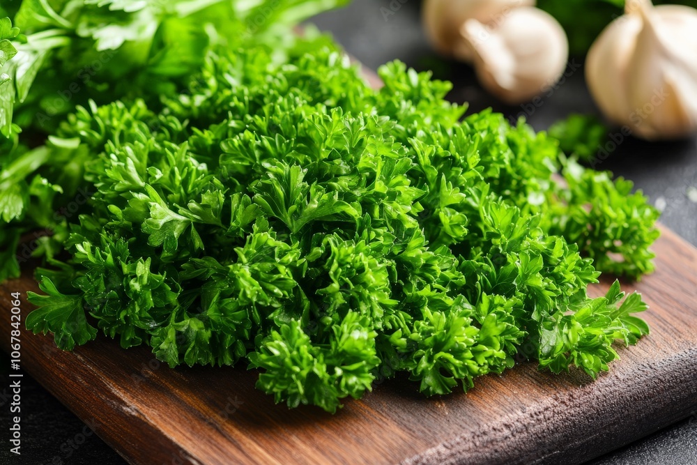 A vibrant bunch of fresh parsley leaves is displayed on a wooden board, ready for use in cooking and garnishing, highlighting the freshness and natural essence. A vibrant bunch of fresh parsley leaves is displayed on a wooden board, ready for use in cooking and garnishing, highlighting the freshness and natural essence.