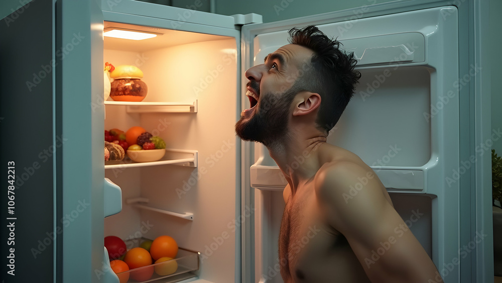 Funny hungry man looking in refrigerator Funny hungry man looking in refrigerator