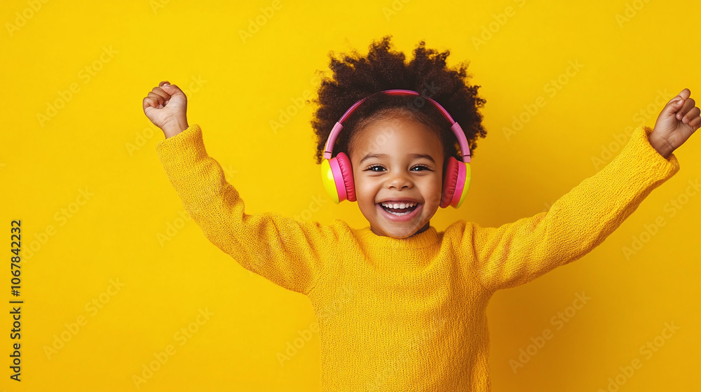 Child with Bright Headphones, Spinning Around Joyfully, on Cheerful Yellow Backdrop Child with Bright Headphones, Spinning Around Joyfully, on Cheerful Yellow Backdrop