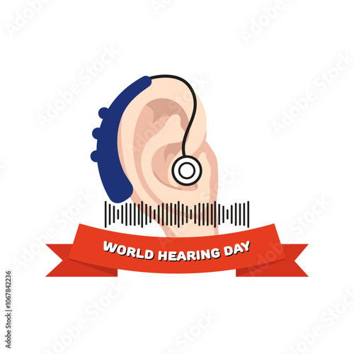 World Hearing Day poster with ear and Hearing aids receiver device audiologist