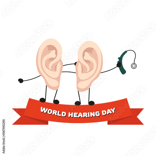 World Hearing Day poster two ears are hugging each other with Hearing aids receiver device audiologist