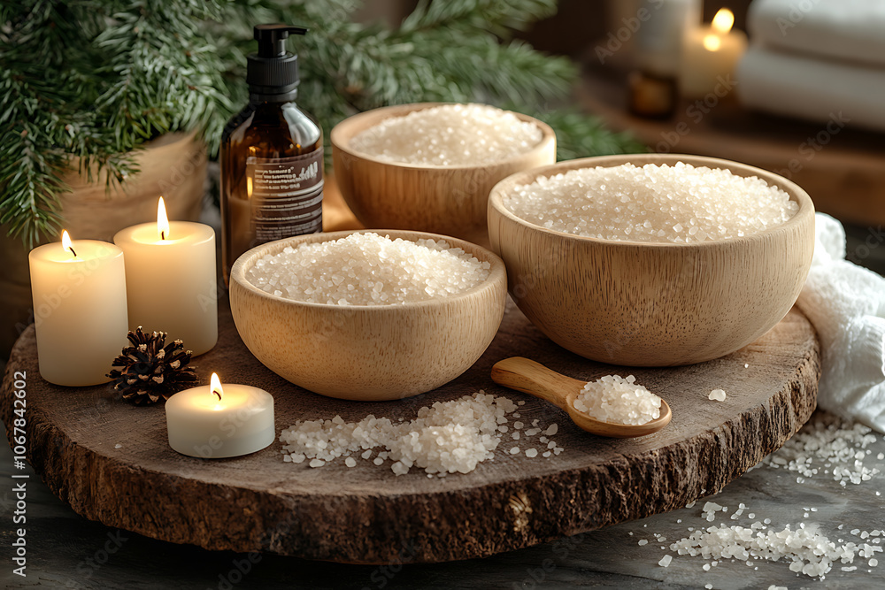Elegant bathroom set with sea salt and essential oils, arranged with candles and towels, creating a soothing spa-like atmosphere with natural wellness products.
Elegant bathroom set with sea salt and essential oils, arranged with candles and towels, creating a soothing spa-like atmosphere with natural wellness products.