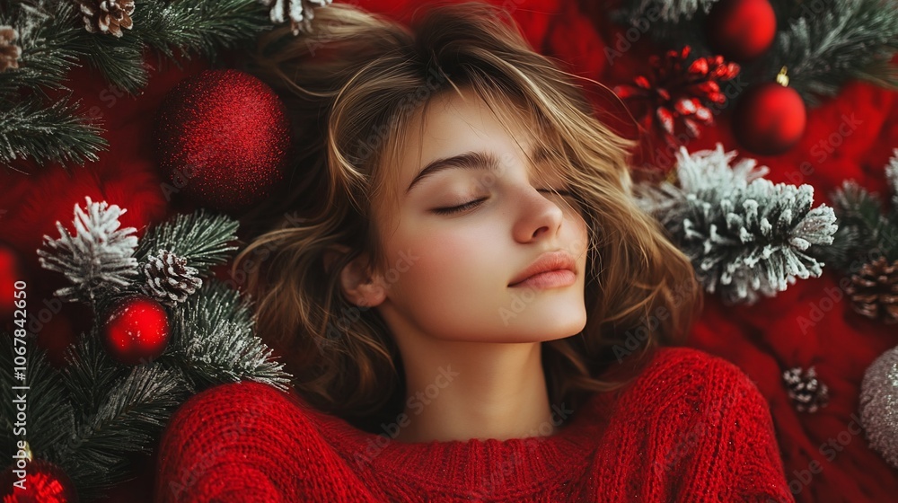 A young woman with closed eyes lies on a red background surrounded by Christmas decorations. A young woman with closed eyes lies on a red background surrounded by Christmas decorations.