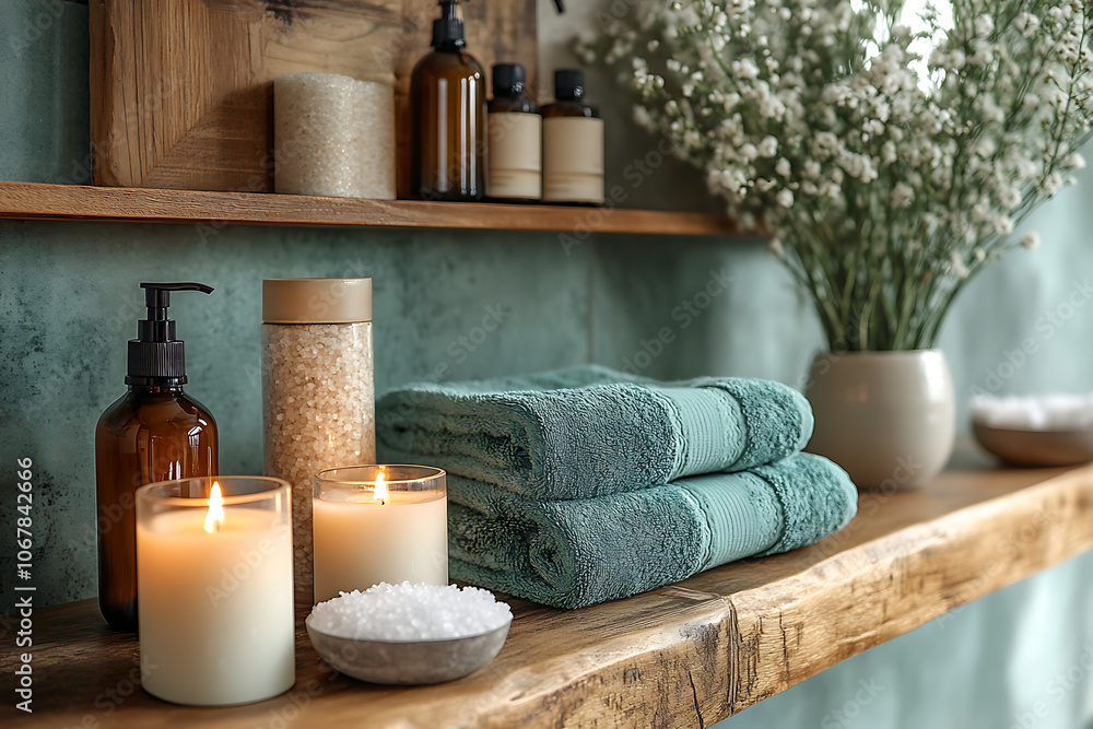 Elegant bathroom set with sea salt and essential oils, arranged with candles and towels, creating a soothing spa-like atmosphere with natural wellness products.
Elegant bathroom set with sea salt and essential oils, arranged with candles and towels, creating a soothing spa-like atmosphere with natural wellness products.