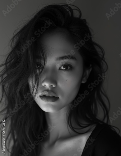 Monochrome Asian Beauty Portrait Messy Hair Dark