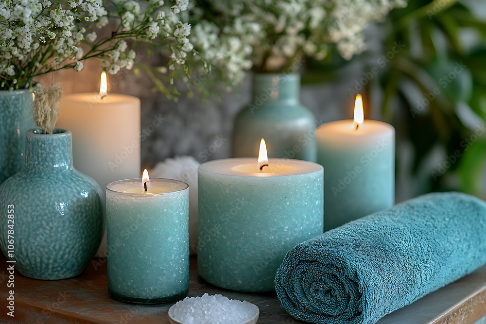 Elegant bathroom set with sea salt and essential oils, arranged with candles and towels, creating a soothing spa-like atmosphere with natural wellness products.
Elegant bathroom set with sea salt and essential oils, arranged with candles and towels, creating a soothing spa-like atmosphere with natural wellness products.