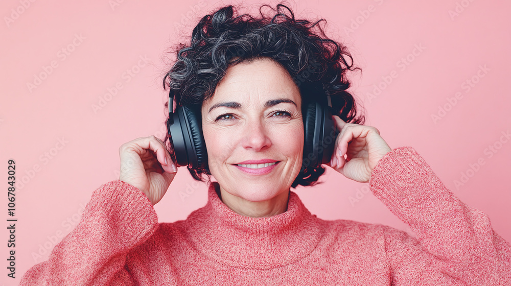 Middle-Aged Woman with Sleek Headphones, Smiling While Listening, on a Pastel Pink Backdrop Middle-Aged Woman with Sleek Headphones, Smiling While Listening, on a Pastel Pink Backdrop