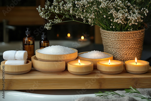 Elegant bathroom set with sea salt and essential oils, arranged with candles and towels, creating a soothing spa-like atmosphere with natural wellness products. 