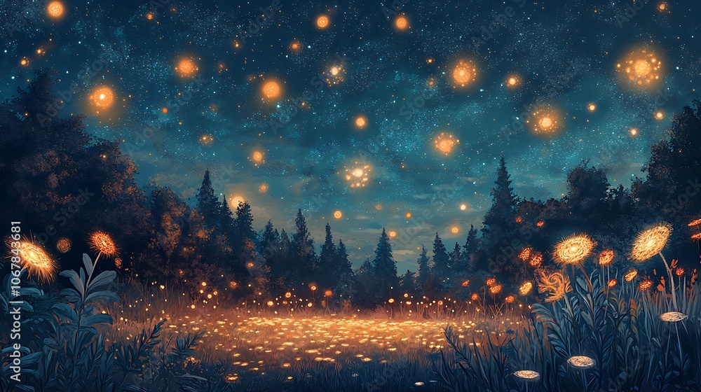A Forest Clearing at Night Illuminated by Glowing Plants and Stars A Forest Clearing at Night Illuminated by Glowing Plants and Stars