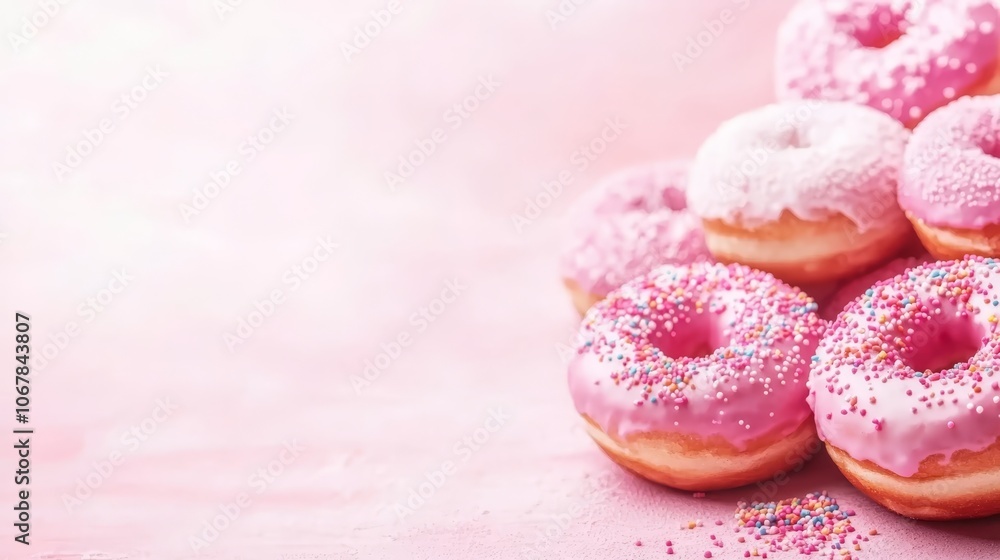 Pile of pink donuts with colorful sprinkles, a sweet treat for every occasion delicious Pile of pink donuts with colorful sprinkles, a sweet treat for every occasion delicious