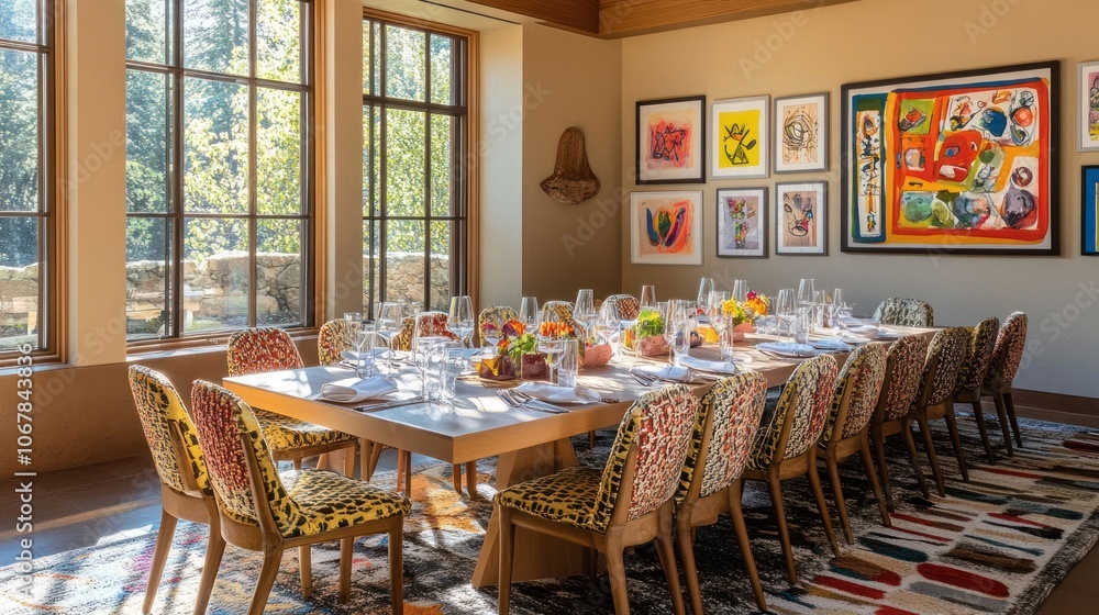 A modern dining room with a long table set for a formal dinner, featuring colorful chairs, a patterned rug, and artwork on the wall. A modern dining room with a long table set for a formal dinner, featuring colorful chairs, a patterned rug, and artwork on the wall.