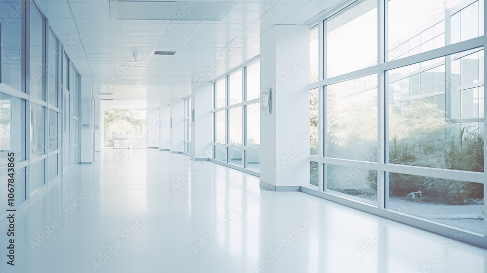 Fototapeta premium Bright Hospital Corridor with Large Windows and Minimalist Design 