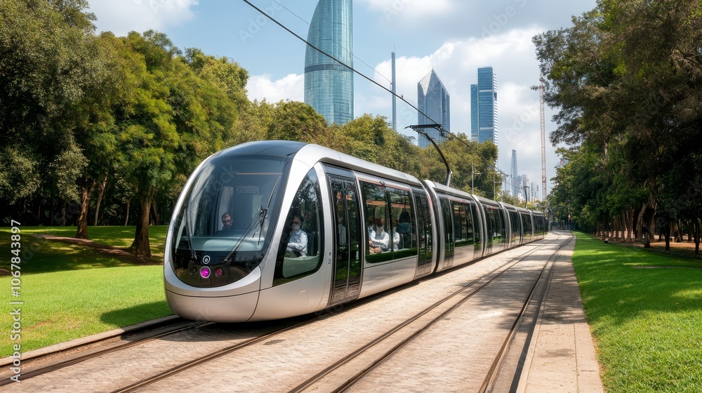 Naklejka premium Scenic train journey, modern passenger on railway tracks amidst picturesque countryside