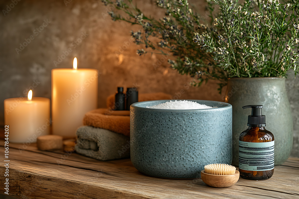 Elegant bathroom set with sea salt and essential oils, arranged with candles and towels, creating a soothing spa-like atmosphere with natural wellness products.
Elegant bathroom set with sea salt and essential oils, arranged with candles and towels, creating a soothing spa-like atmosphere with natural wellness products.