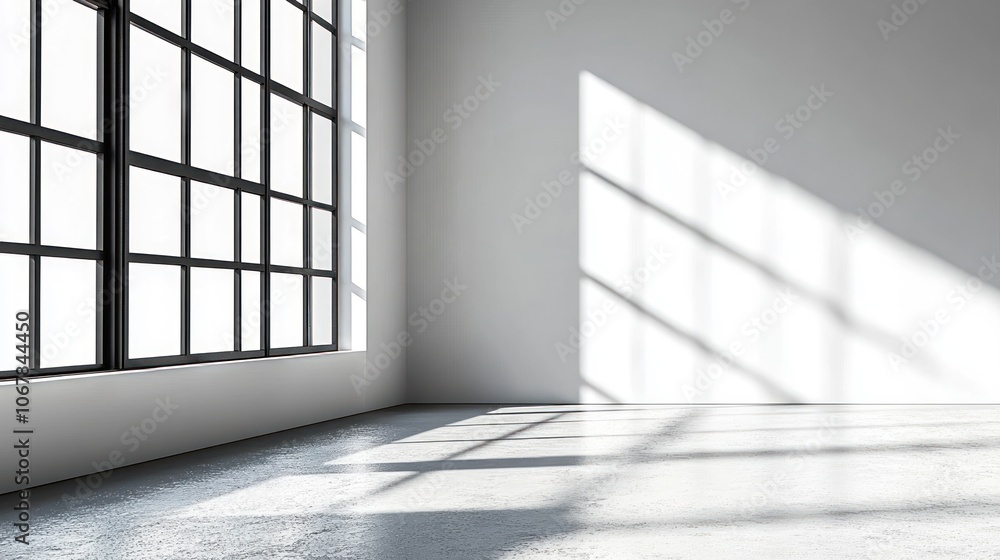 Empty white room with large window and concrete floor. Empty white room with large window and concrete floor.