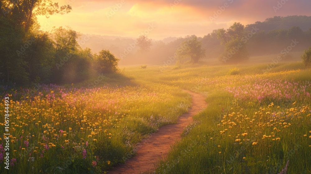Obraz premium Sunrise Path through a Meadow