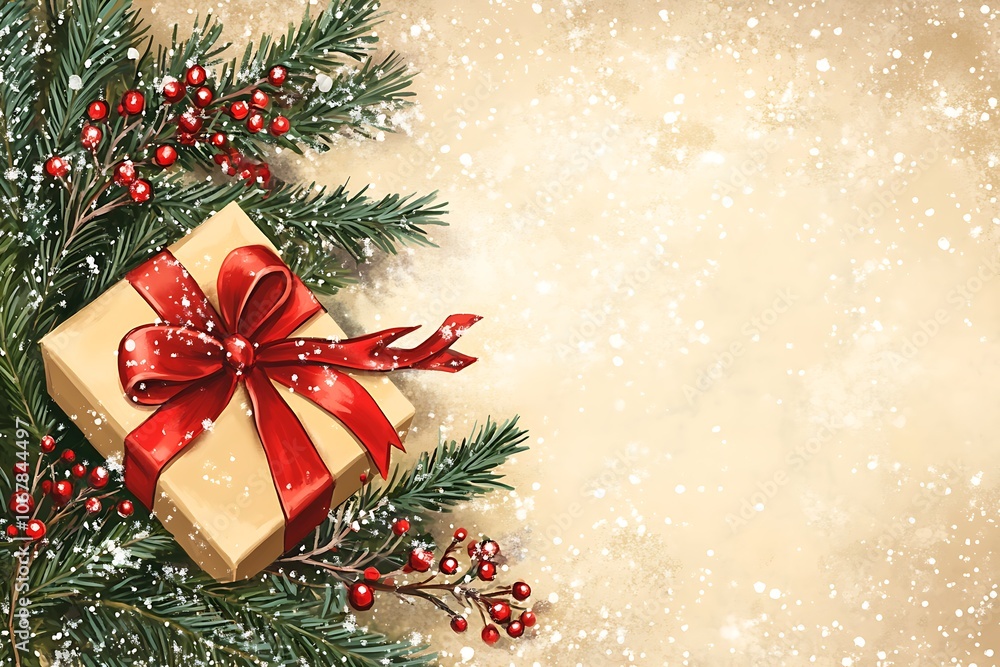 Christmas banner featuring a gift box with a red ribbon, fir branches, and berries, on a snowy background. Christmas banner featuring a gift box with a red ribbon, fir branches, and berries, on a snowy background.
