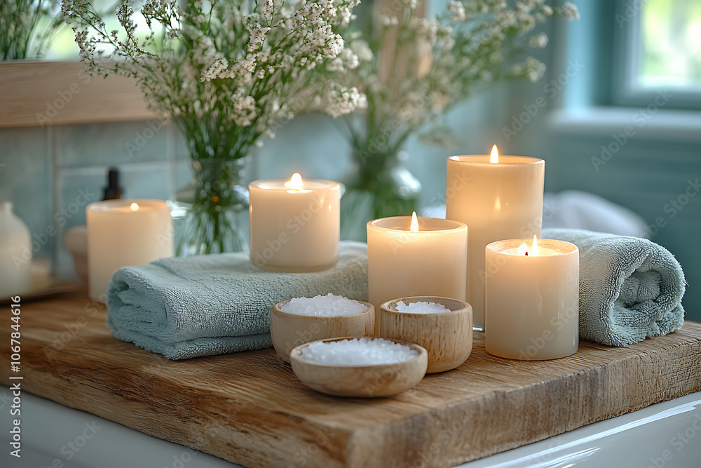 Elegant bathroom set with sea salt and essential oils, arranged with candles and towels, creating a soothing spa-like atmosphere with natural wellness products.

