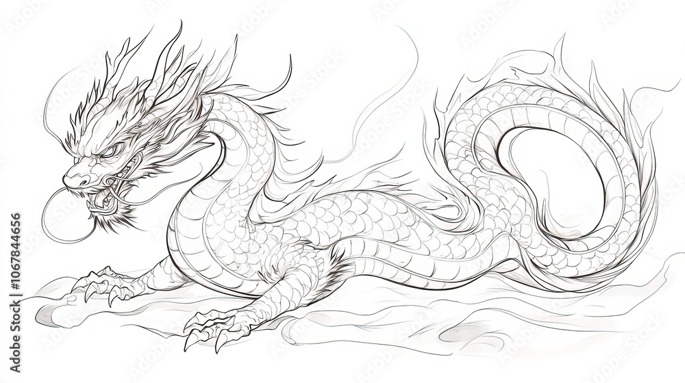 A detailed sketch of a mythical dragon with flowing features. A detailed sketch of a mythical dragon with flowing features.