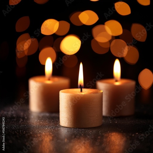 burning candles in dark background with bokeh lights