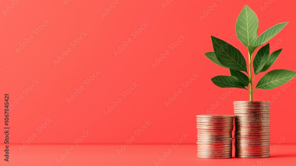 A growth-focused plant emerges from coins against a vibrant red background, symbolizing investment and prosperity. A growth-focused plant emerges from coins against a vibrant red background, symbolizing investment and prosperity.