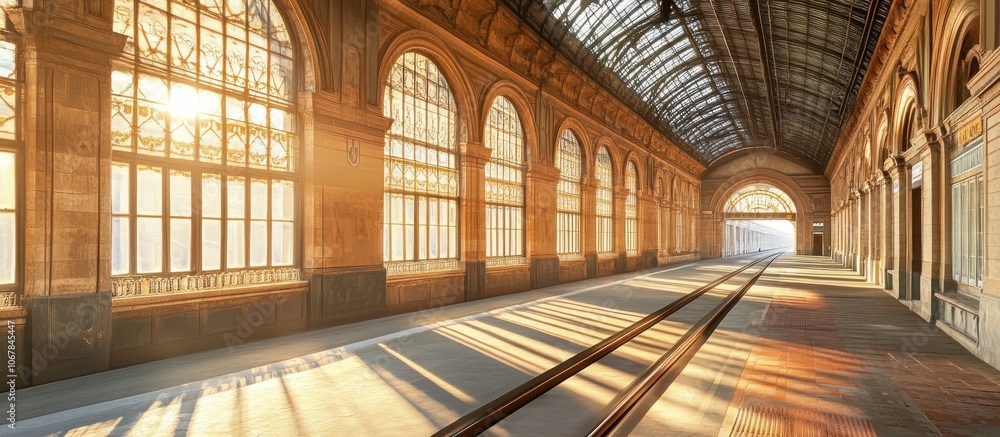 Sunbeams stream through arched windows in a train station, highlighting a long, empty track leading to a bright light. Sunbeams stream through arched windows in a train station, highlighting a long, empty track leading to a bright light.