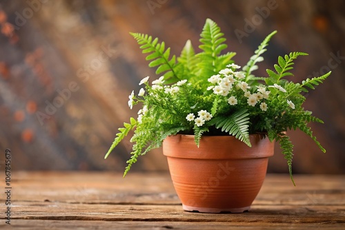 A small terracotta pot containing a lush green fern with delicate white flowers and vibrant red highlights on the leaves, fern, compact gardening, decorative plant, flowering plant photo