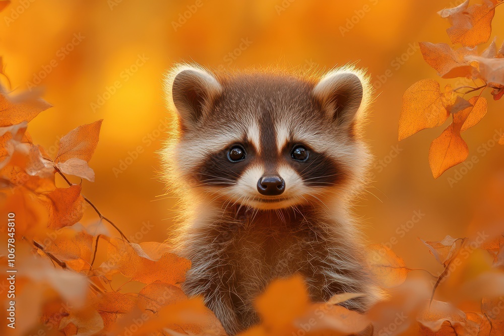 Close-up portrait of a curious baby raccoon in the forest during autumn Close-up portrait of a curious baby raccoon in the forest during autumn