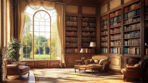 A sunlit library with floor-to-ceiling bookshelves, two leather armchairs, a coffee table, and a large arched window overlooking a garden.