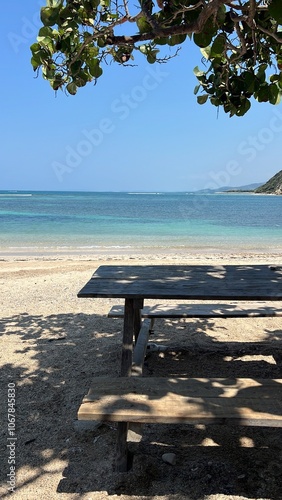 Vista panorámica de una playa rodeada de majestuosas montañas, donde el mar cristalino se encuentra con la costa y suaves colinas verdes se elevan hacia el cielo. La mezcla de arena dorada y naturalez photo