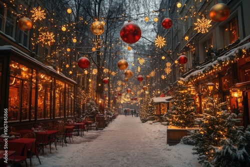 Snowy street with Christmas lights. Perfect for a winter holiday background or a festive celebration.