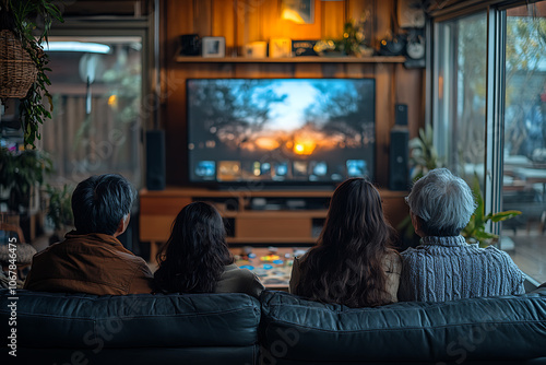 A family spending quality time together in a cozy living room, gathered around the TV or playing a board game, enjoying a warm and relaxing evening. 