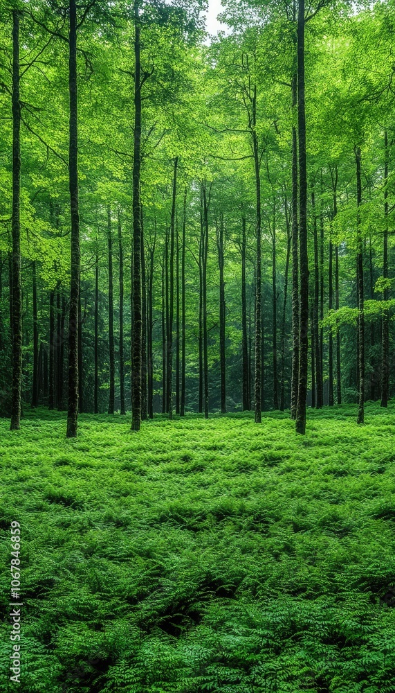 Obraz premium A dense forest with lush foliage. Perfect for use in projects focusing on nature, tranquility, and peace.