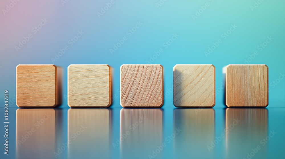 Minimalist organization concept: Five wooden blocks are neatly aligned on a reflective surface against a gradient background, symbolizing simplicity, balance, and structure. Minimalist organization concept: Five wooden blocks are neatly aligned on a reflective surface against a gradient background, symbolizing simplicity, balance, and structure.