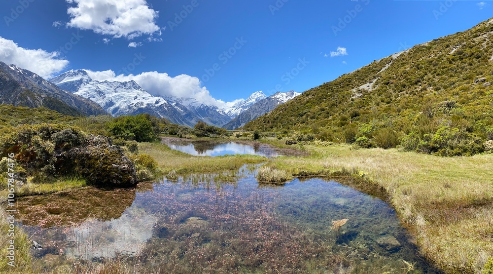 Hill top views of Aoraki Mount Cook reflecting in water at Red Tarns, Mount Cook National Park, New Zealand. Landscape with lake and mountains Hill top views of Aoraki Mount Cook reflecting in water at Red Tarns, Mount Cook National Park, New Zealand. Landscape with lake and mountains