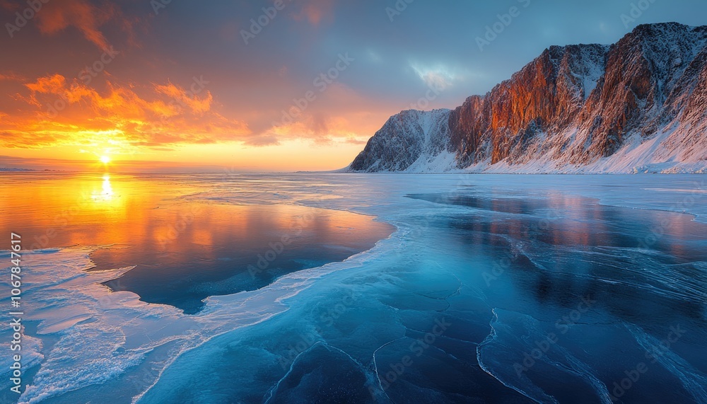 Fototapeta premium Frozen lake at sunset with mountains. This image can be used to represent tranquility, winter landscapes, or the beauty of nature.