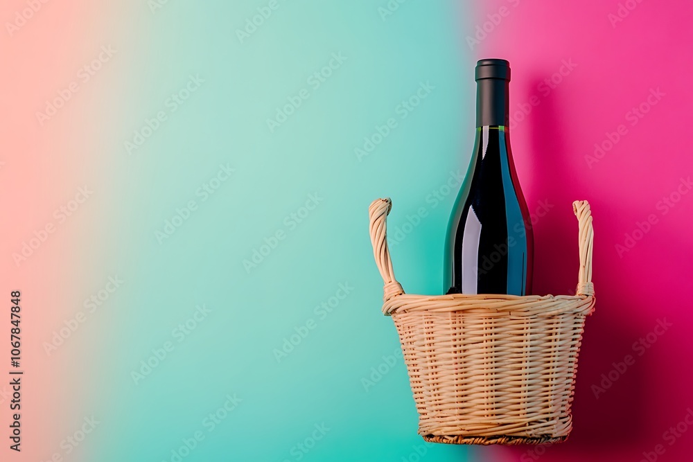 Gift basket with a bottle wine on a colored background. Space for text. Gift basket with a bottle wine on a colored background. Space for text.