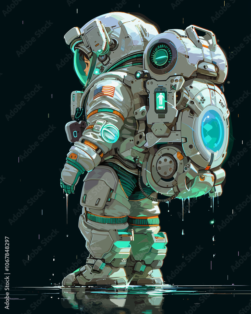 Fototapeta premium A futuristic astronaut stands on a reflective surface, showcasing advanced space gear and a glowing backpack in a surreal environment