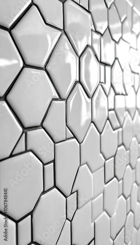 White tile wall with geometric pattern. The white tiles are arranged in a geometric pattern, creating an abstract and modern background.