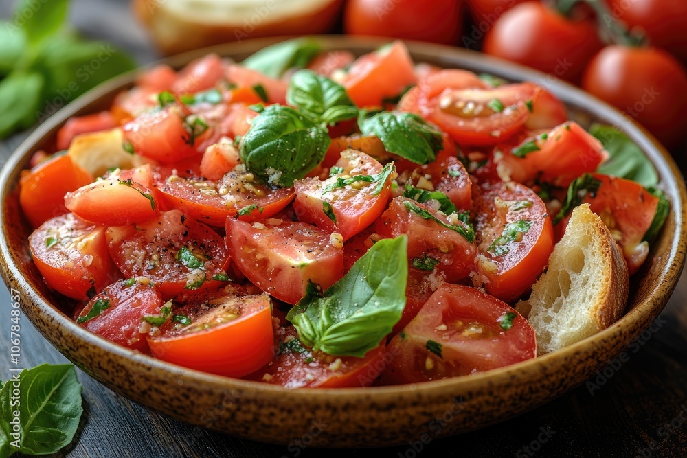 Close-up of fresh tomato salad with basil. Perfect for illustrating healthy eating and Mediterranean cuisine. Close-up of fresh tomato salad with basil. Perfect for illustrating healthy eating and Mediterranean cuisine.