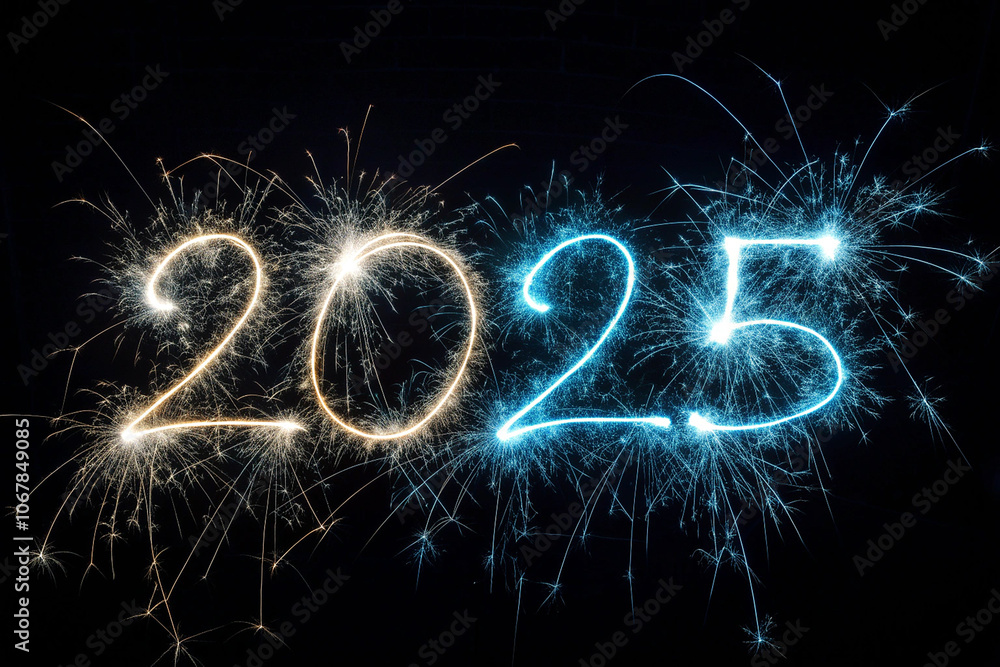 2025 written as sparklers against a black background 2025 written as sparklers against a black background