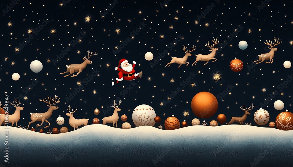 Fototapeta premium Santa Claus and reindeer flying across a starry night sky, Christmas, magical and whimsical pattern