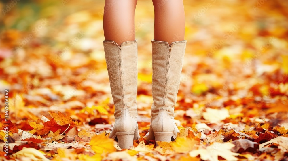 Close-up of woman's legs in ankle boots standing on autumn leaves, highlighting the colors and textures of the season on a bright day Close-up of woman's legs in ankle boots standing on autumn leaves, highlighting the colors and textures of the season on a bright day
