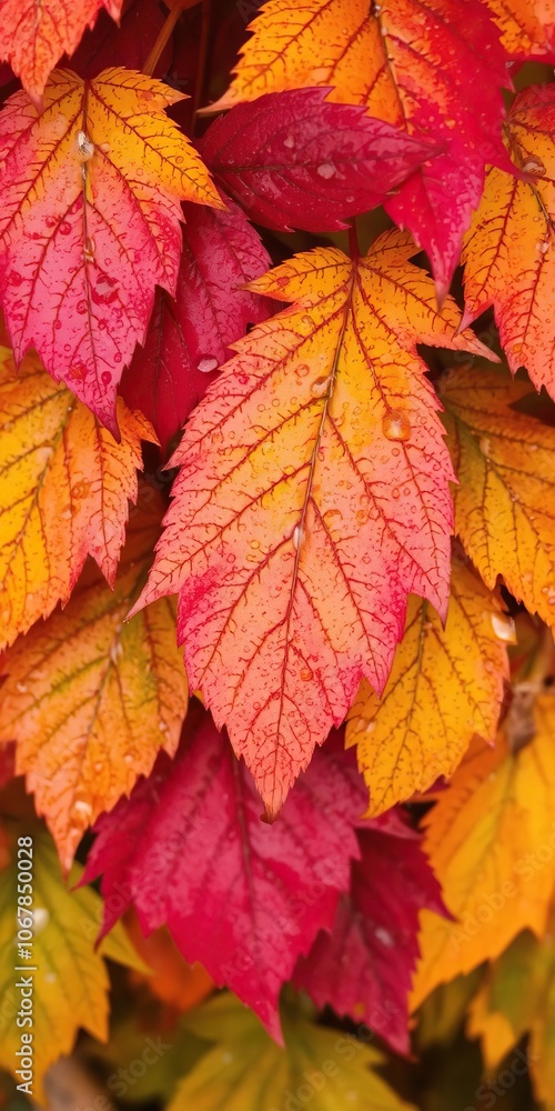 Close-up of vibrant autumn leaves covered in water drops, showcasing the beauty of nature, natural, beauty Close-up of vibrant autumn leaves covered in water drops, showcasing the beauty of nature, natural, beauty