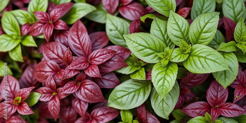 Close-up of vibrant red rubin basil leaves creating a textured background, texture, red rubin basil, gardening Close-up of vibrant red rubin basil leaves creating a textured background, texture, red rubin basil, gardening
