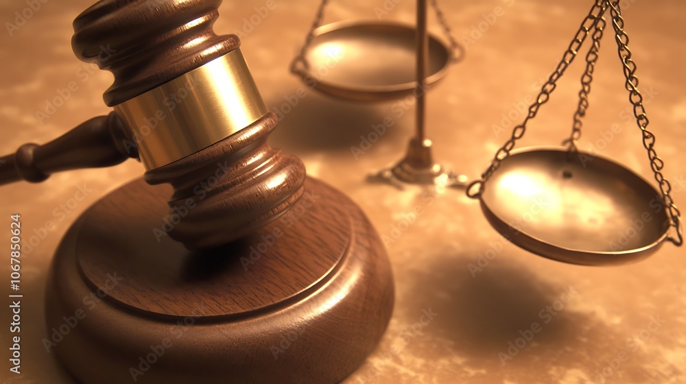 A wooden gavel and scales of justice on a table. A wooden gavel and scales of justice on a table.