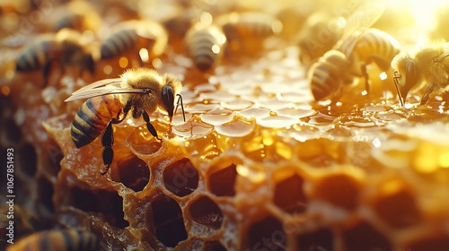 A close-up shot of honey bees working on a honeycomb with golden honey, sunlight shining through the frame.