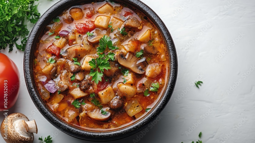 Hearty Mushroom Soup in a Rustic Bowl. Generative AI Hearty Mushroom Soup in a Rustic Bowl. Generative AI