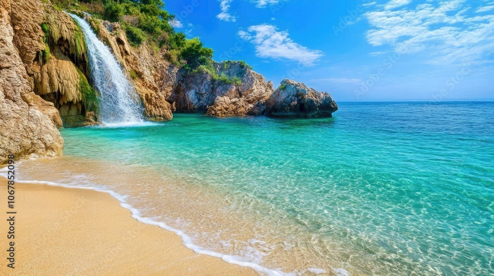 Crystal-clear ocean waves gently meeting a sandy beach, with a waterfall cascading from rocky cliffs into the sea under a blue sky Crystal-clear ocean waves gently meeting a sandy beach, with a waterfall cascading from rocky cliffs into the sea under a blue sky